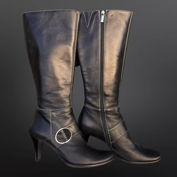 Y2K Knee High Tall Boots Size 9.5 Black Leather Buckle Stiletto Heels EUR 40 - Picture 2 of 11